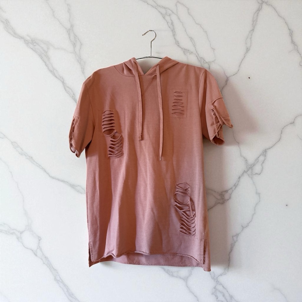 Carbon Women's Distressed Pink Short Sleeve Hoodie